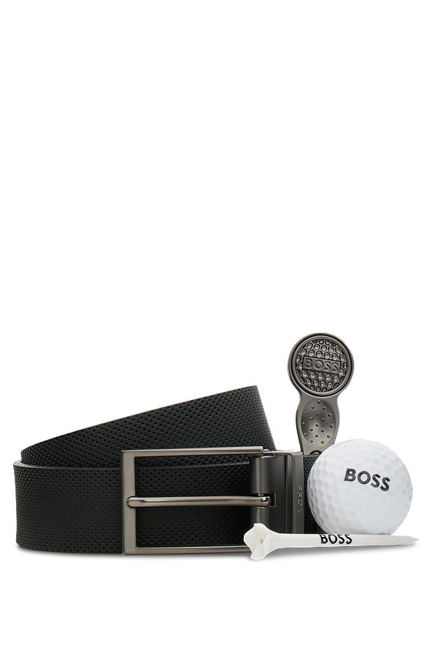 Set de regalo con cinturón reversible de piel italiana y accesorios de golf, Negro