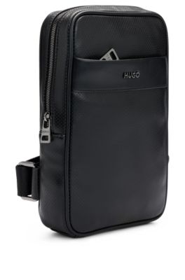 Logo-trim backpack in perforated faux leather, Black