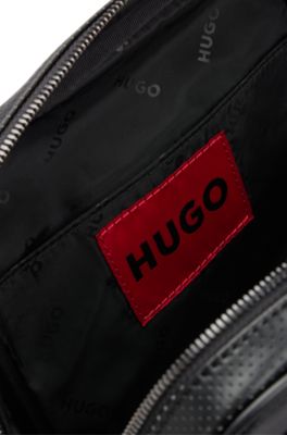 Logo-trim backpack in perforated faux leather, Black