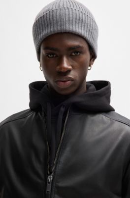 Slim-fit jacket in leather with stand collar, Black