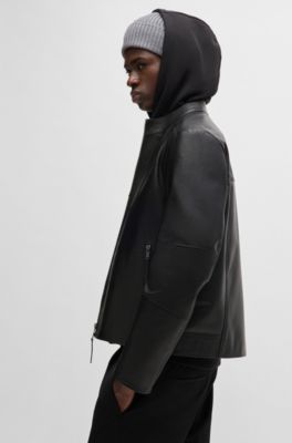 Slim-fit jacket in leather with stand collar, Black