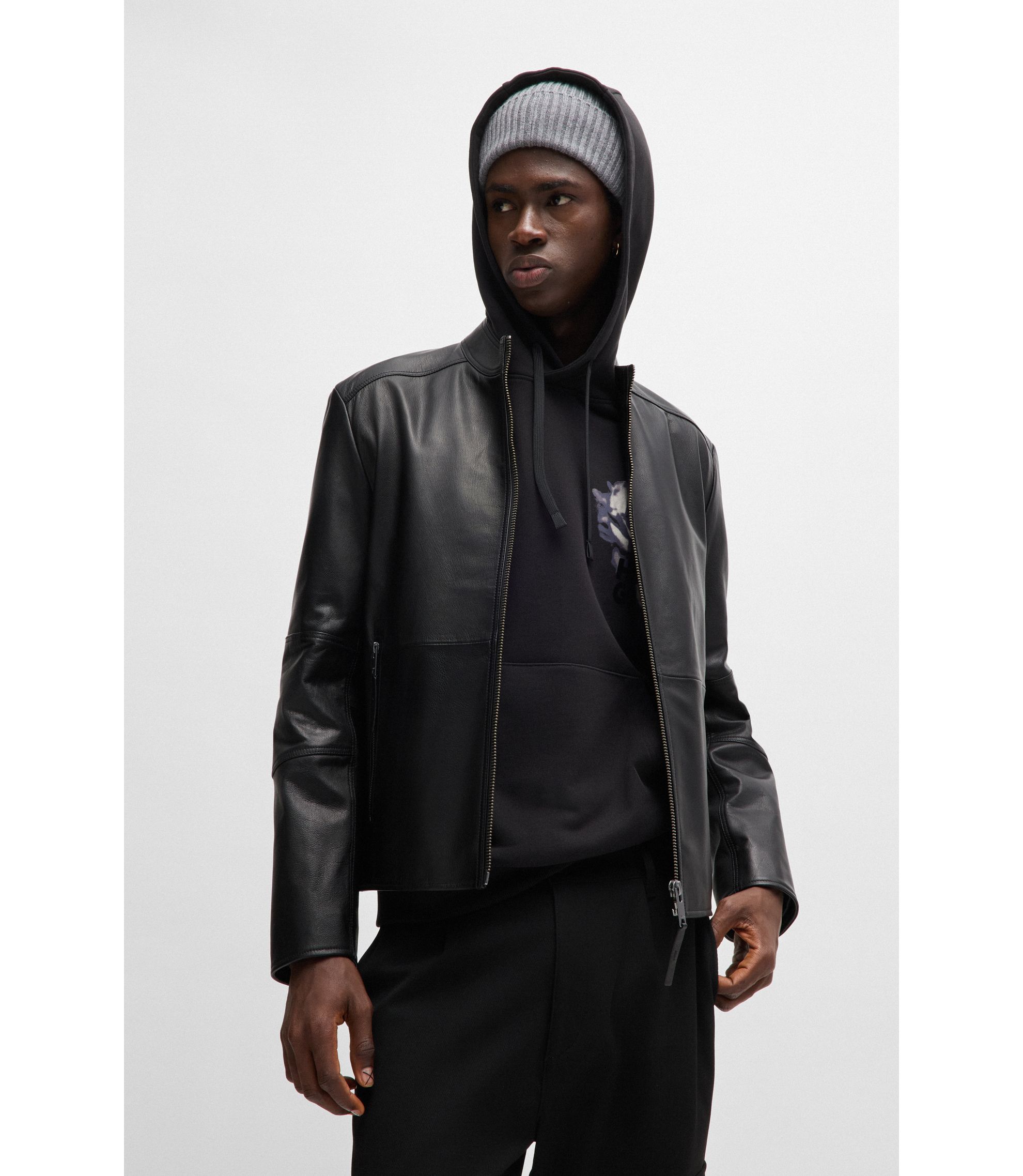 HUGO Slim-fit jacket in leather with stand collar Black
