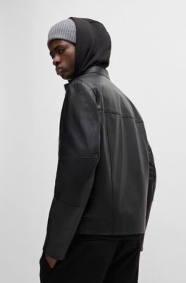 Slim-fit jacket in leather with stand collar, Black