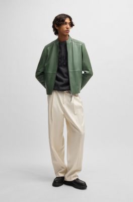 Slim-fit jacket in leather with stand collar, Light Green