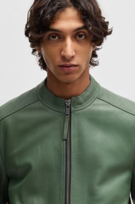 Slim-fit jacket in leather with stand collar, Light Green
