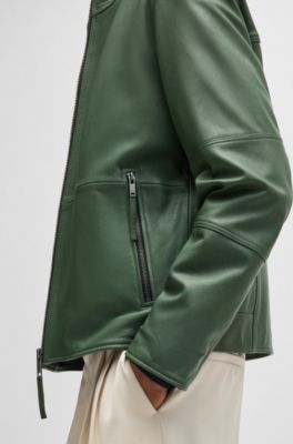 Slim-fit jacket in leather with stand collar, Light Green