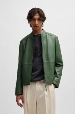 Slim-fit jacket in leather with stand collar, Light Green