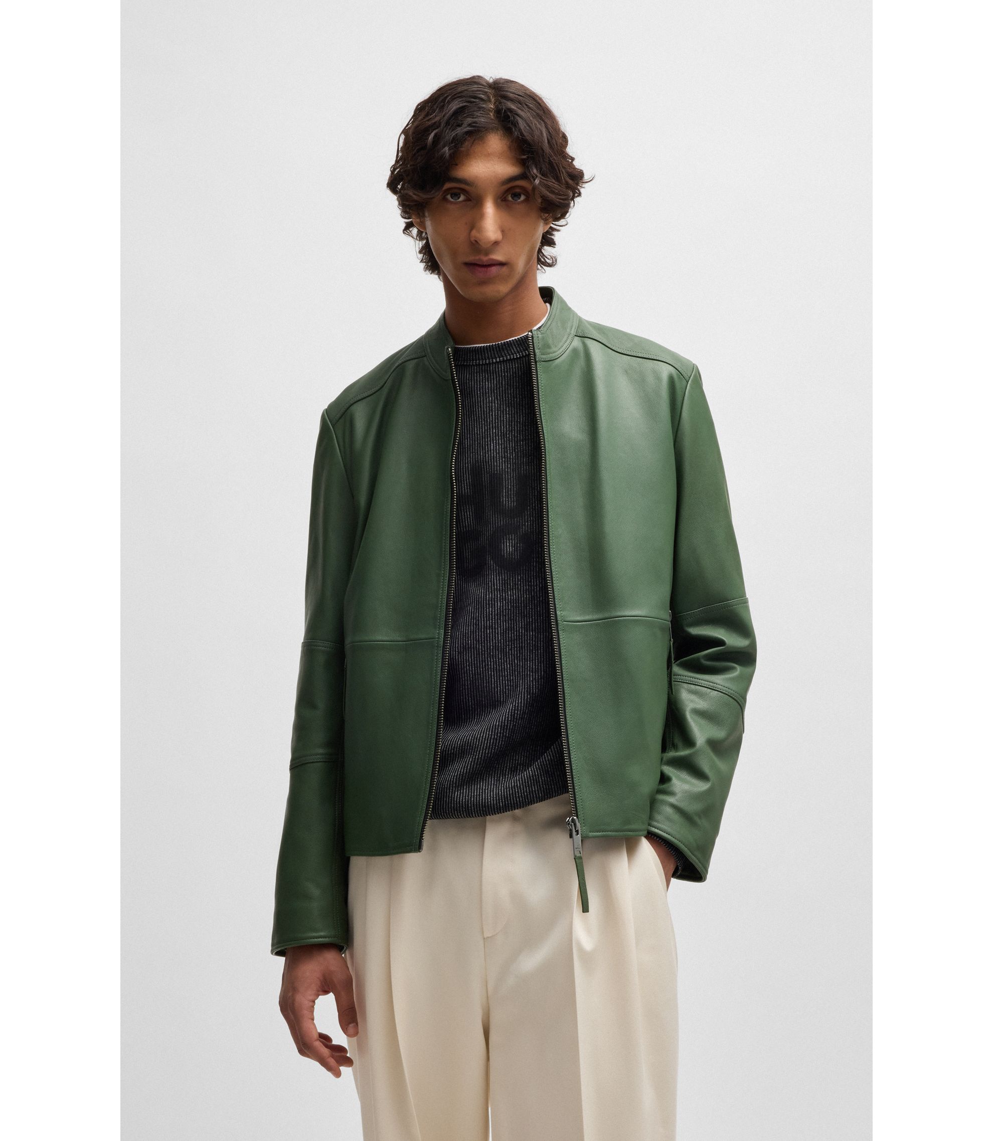 HUGO - Slim-fit jacket in leather with stand collar - Light Green