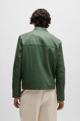 Slim-fit jacket in leather with stand collar, Light Green