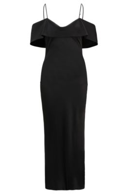 Vestido de sat&eacute;n con escote estilo Bardot, Negro