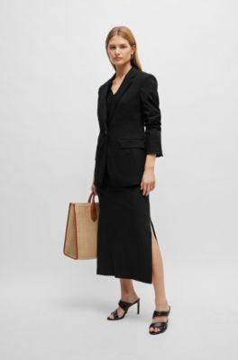 Linen-blend skirt with side slits, Black