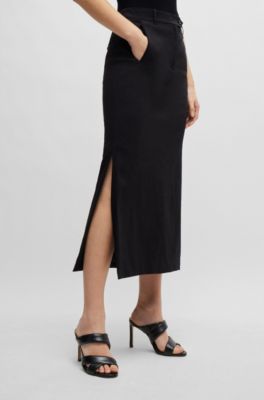 Linen-blend skirt with side slits, Black