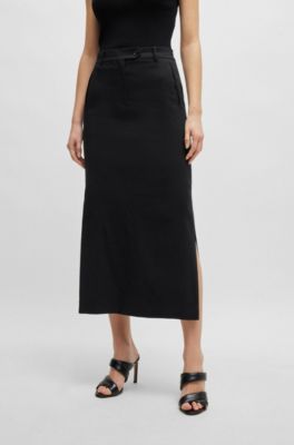 Linen-blend skirt with side slits, Black