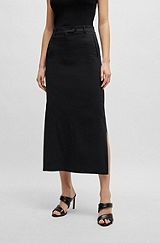Linen-blend skirt with side slits, Black