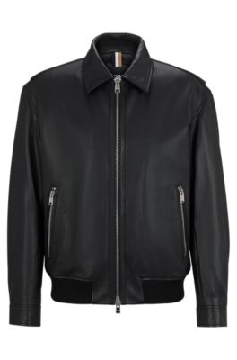 Hugo Boss Regular-fit Jacket In Soft Leather With Stand Collar In Black
