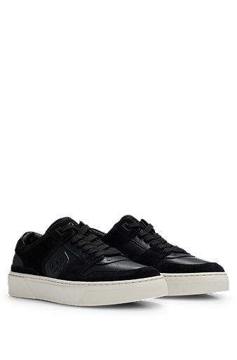 Leather lace-up trainers with suede trims, Black