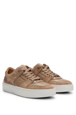 Shop Hugo Boss Leather Lace-up Trainers With Suede Trims In Beige