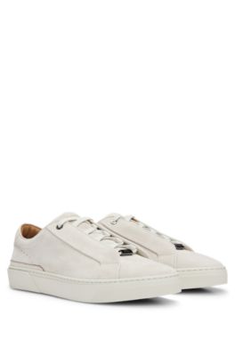 Shop Hugo Boss Gary Suede Low-top Trainers With Branded Lace Loop In White