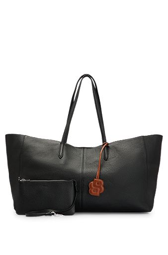 Grained-leather shopper bag with detachable pouch, Black
