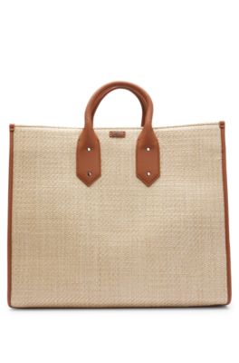 Hugo Boss Woven Tote Bag With Faux-leather Trims In Brown