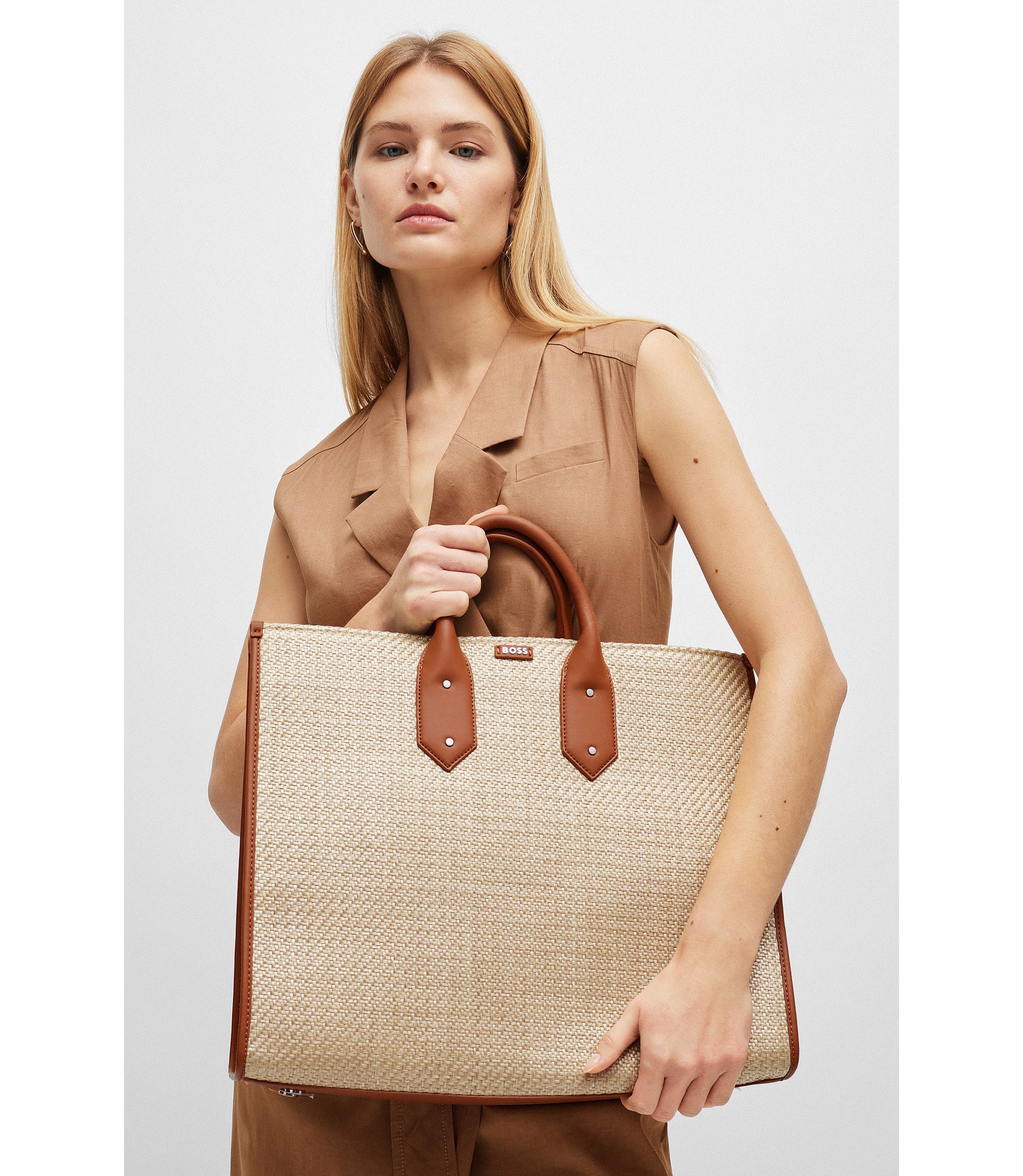 BOSS - Woven tote bag with faux-leather trims - Gold BOSS - Woven tote bag with faux-leather trims - Gold