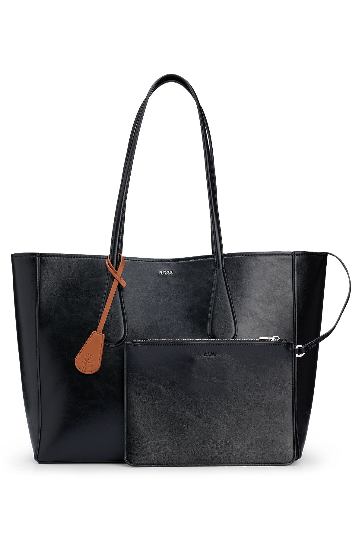 Faux-leather shopper bag with detachable pouch, Black