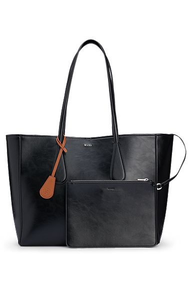 Faux-leather shopper bag with detachable pouch, Black