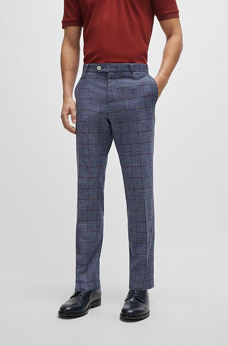 Slim-fit trousers in plain-checked serge, Blue