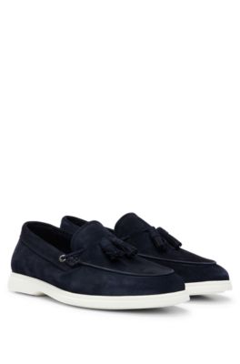 Shop Hugo Boss Suede Slip-on Loafers With Tassel Trim In Dark Blue