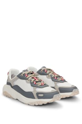 Shop Hugo Mixed-material Trainers With Leather Facings In Light Grey