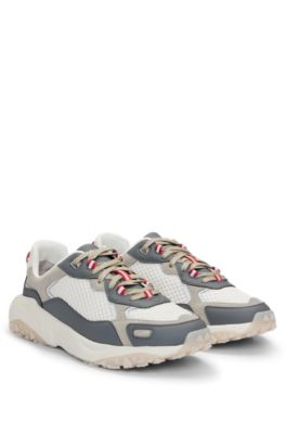Hugo Boss Mixed-material Trainers With Leather Facings In Light Grey