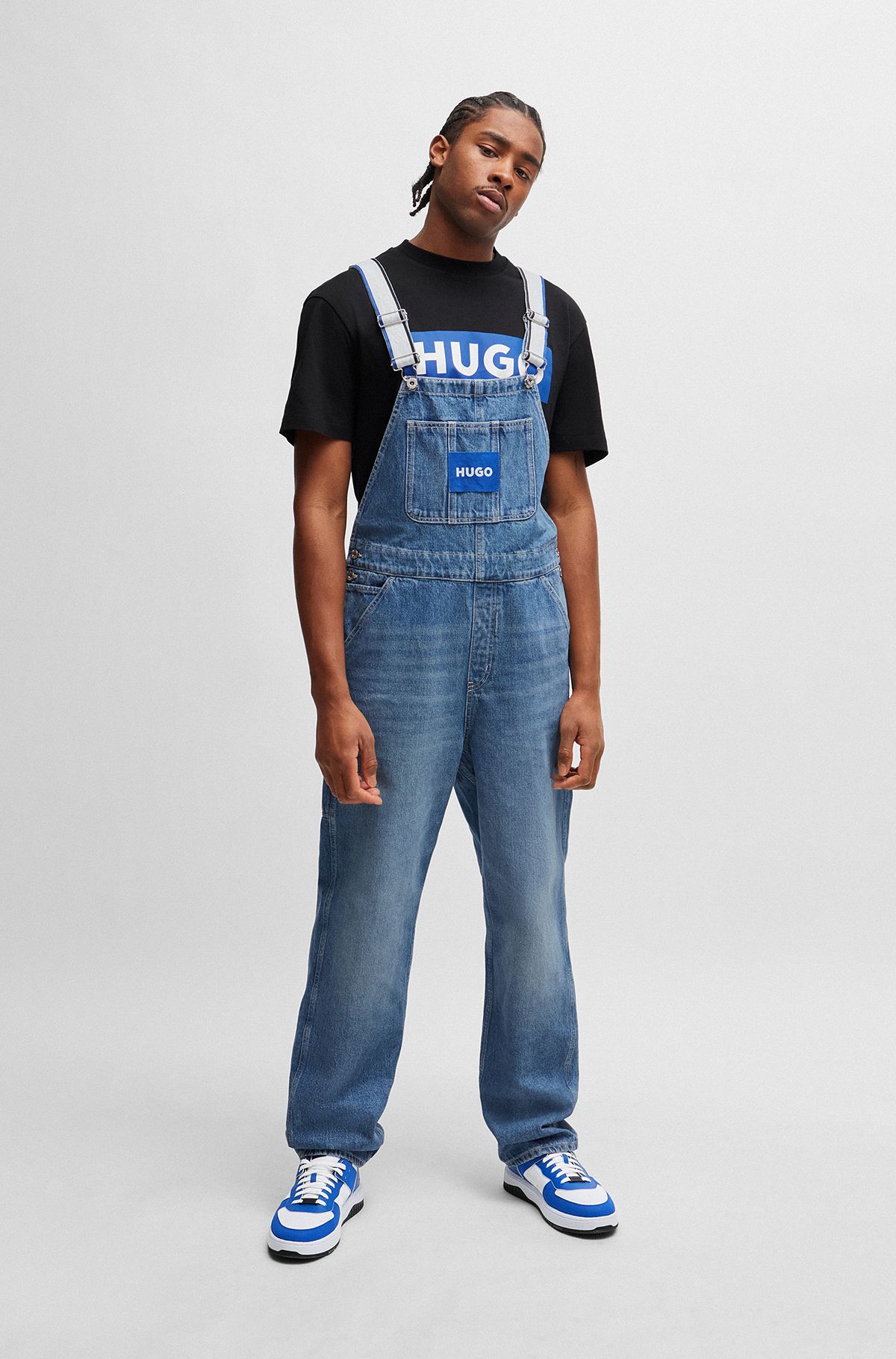 Relaxed-fit dungarees in denim with logo-tape trims, Blue