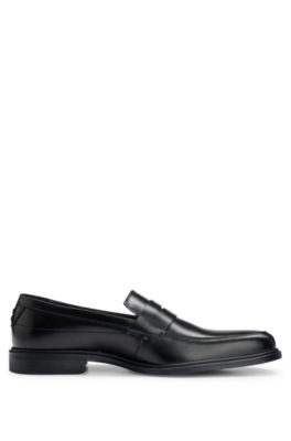 Leather loafers with penny trim and rubber sole, Black