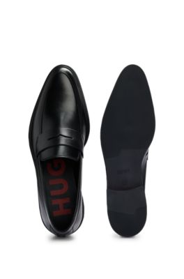 Leather loafers with penny trim and rubber sole, Black