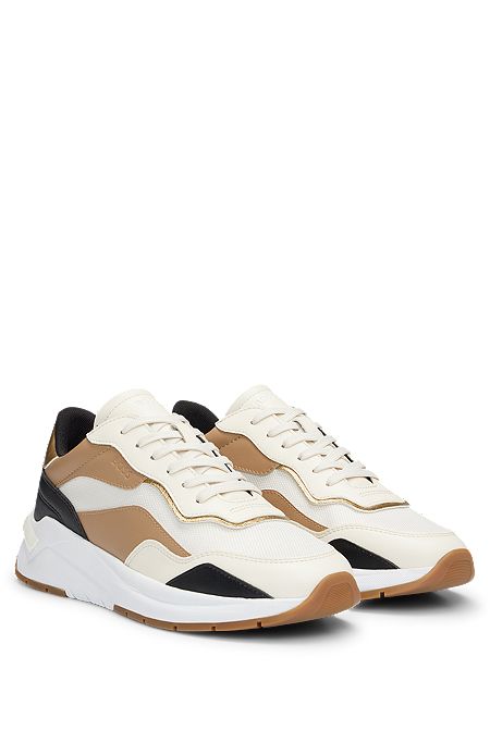 Mixed-material trainers with color-blocking, Light Beige