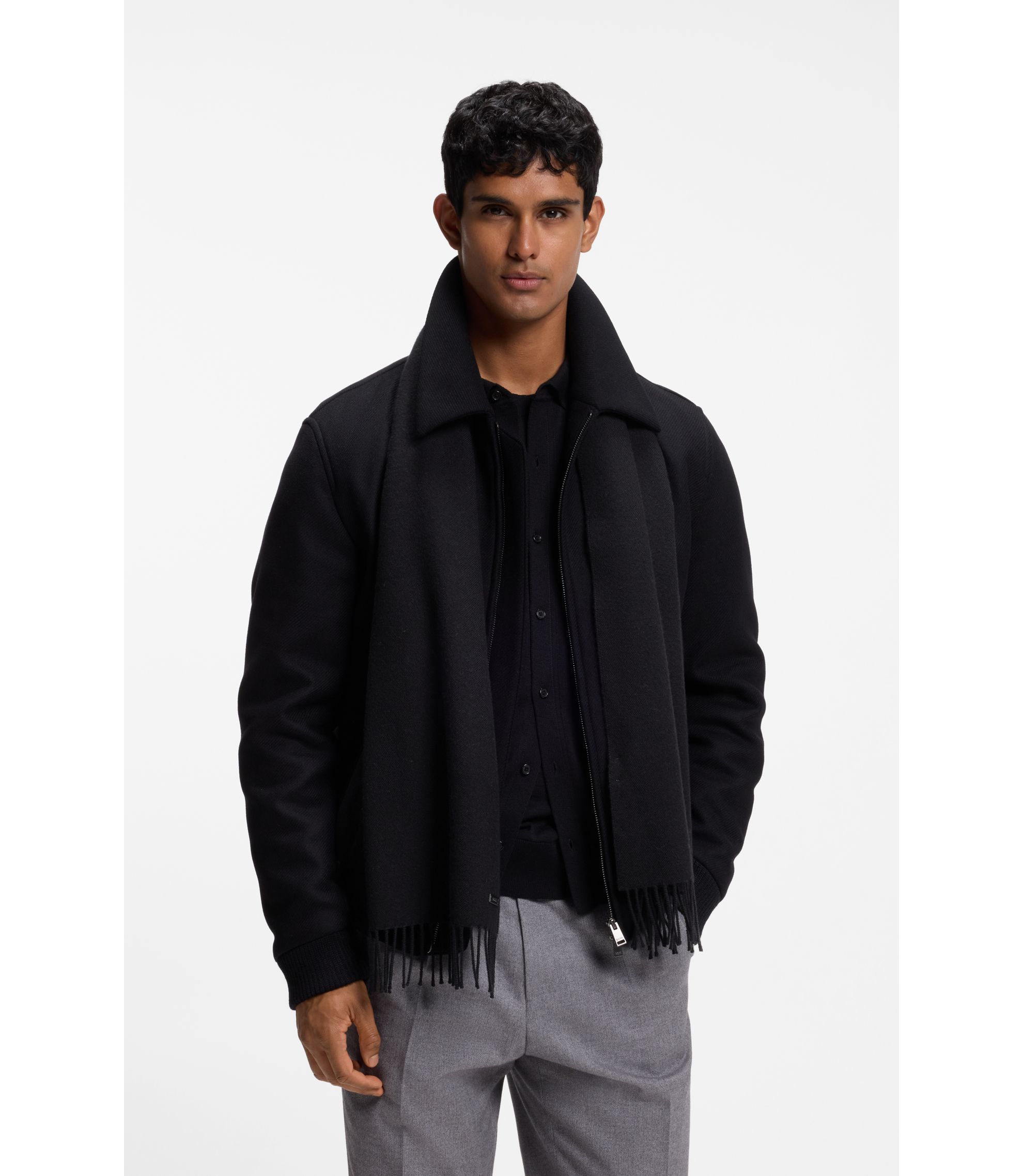 BOSS - Italian-made wool scarf with logo patch - Black