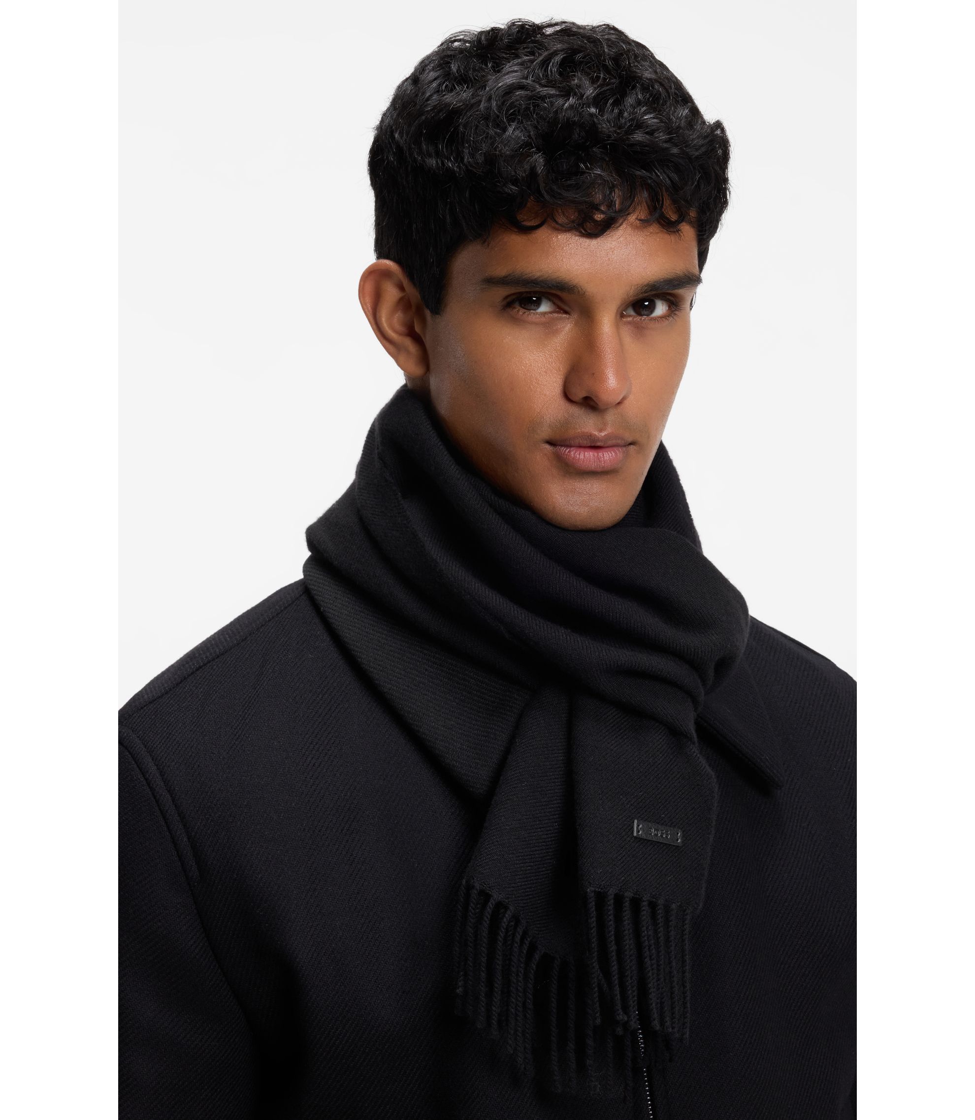 BOSS - Italian-made wool scarf with logo patch - Black