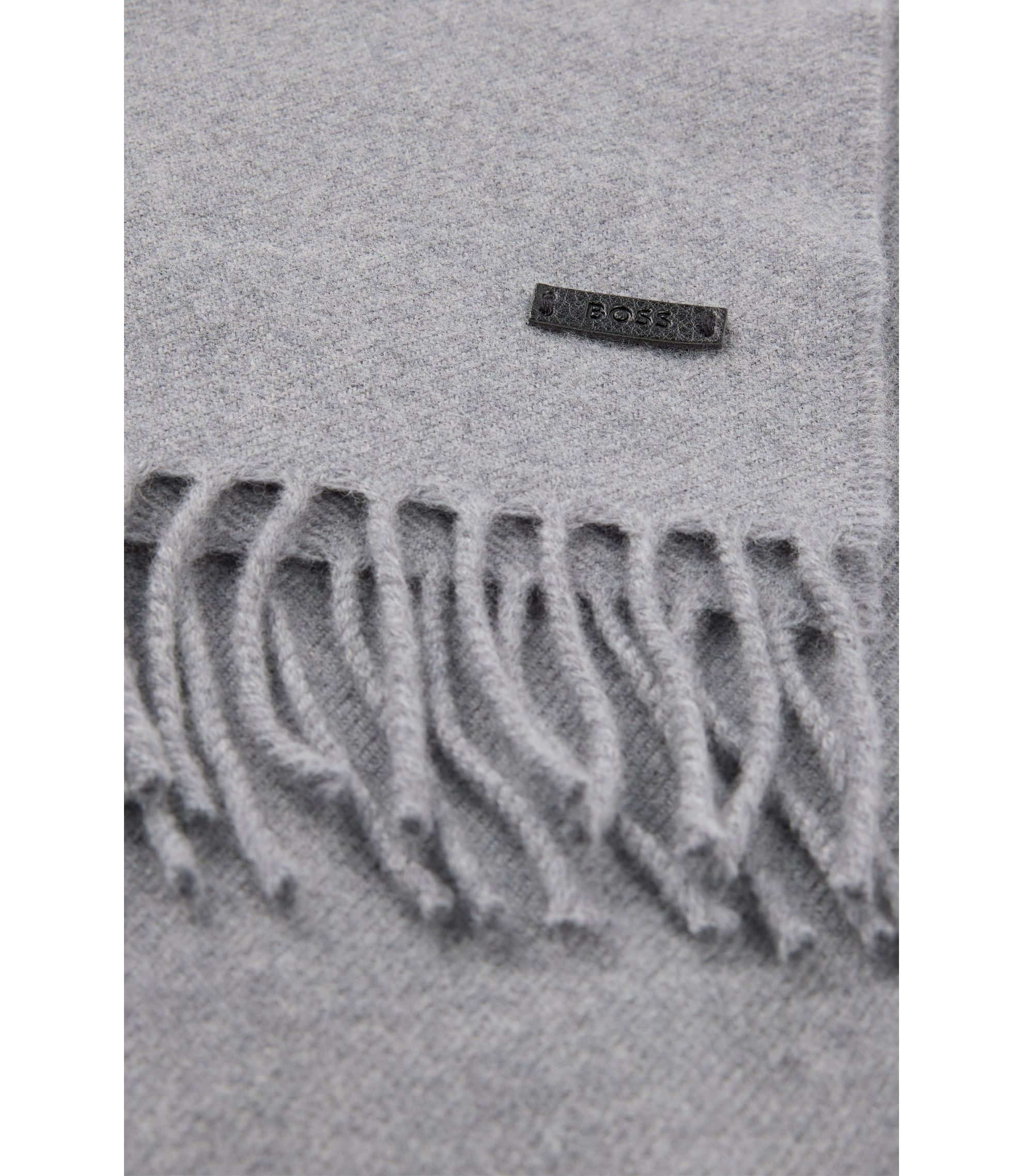 BOSS - Wool scarf with faux-leather logo patch - Silver