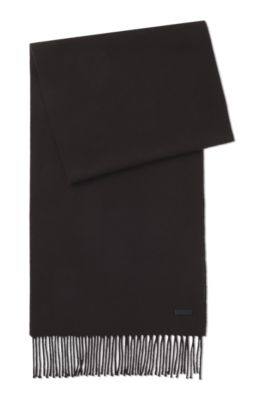Wool scarf with faux-leather logo patch, Dark Brown