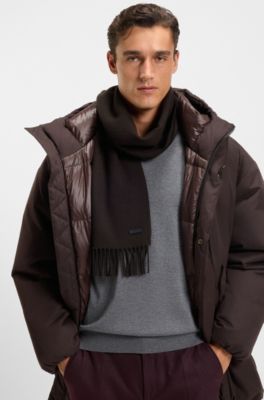 Wool scarf with faux-leather logo patch, Dark Brown