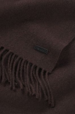 Wool scarf with faux-leather logo patch, Brown