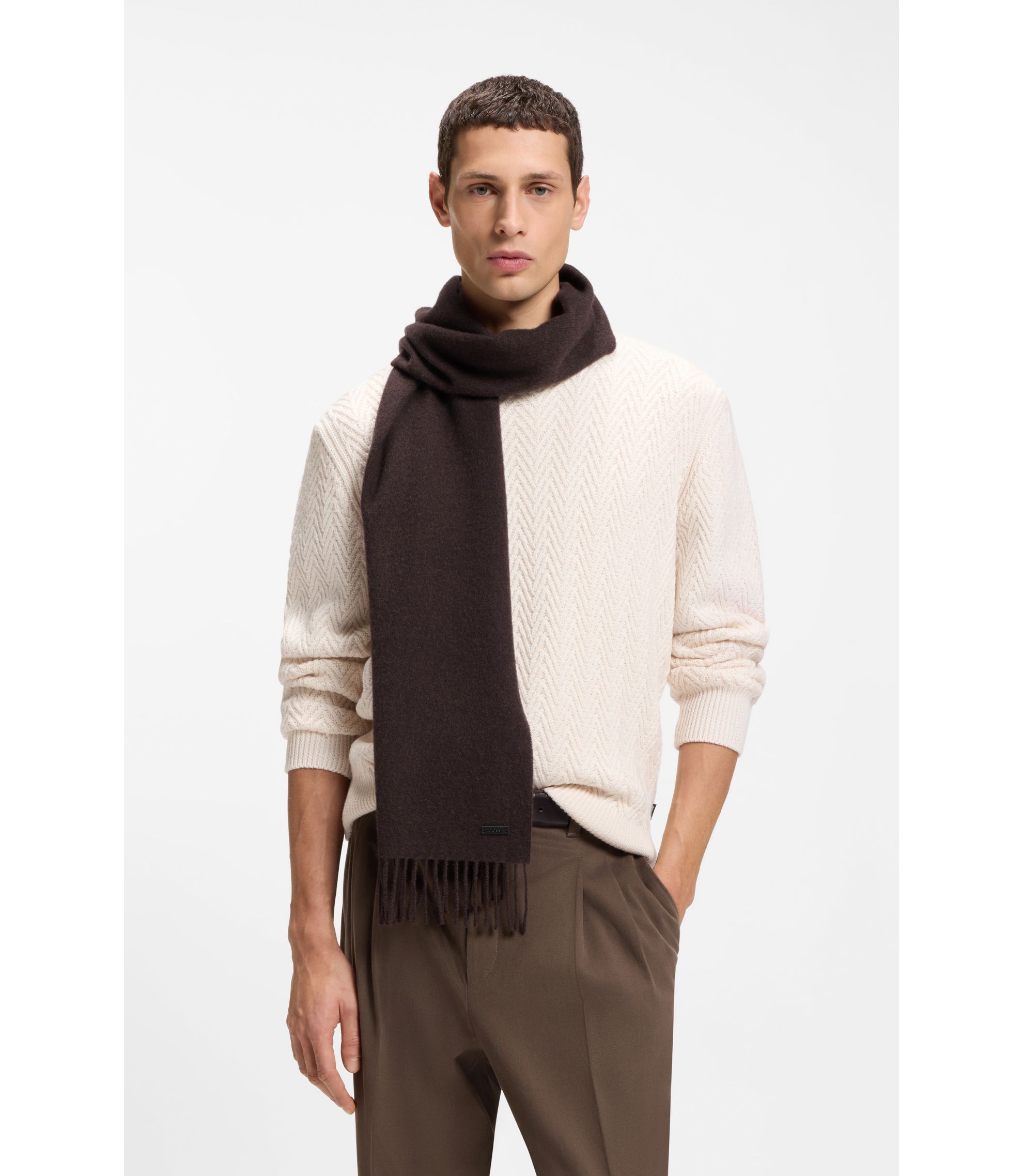 BOSS - Italian-made wool scarf with logo patch - Brown