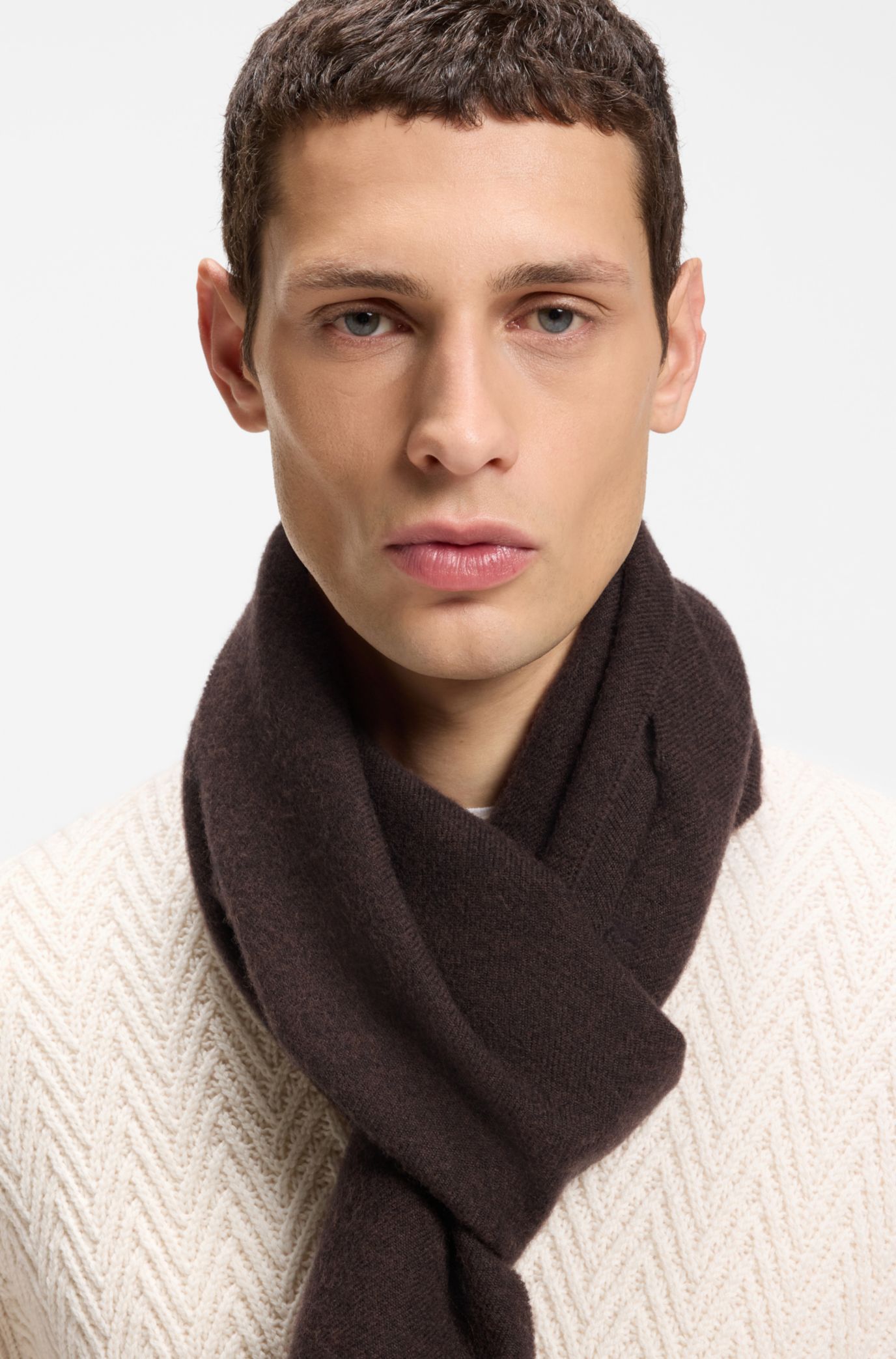 BOSS - Italian-made wool scarf with logo patch - Brown