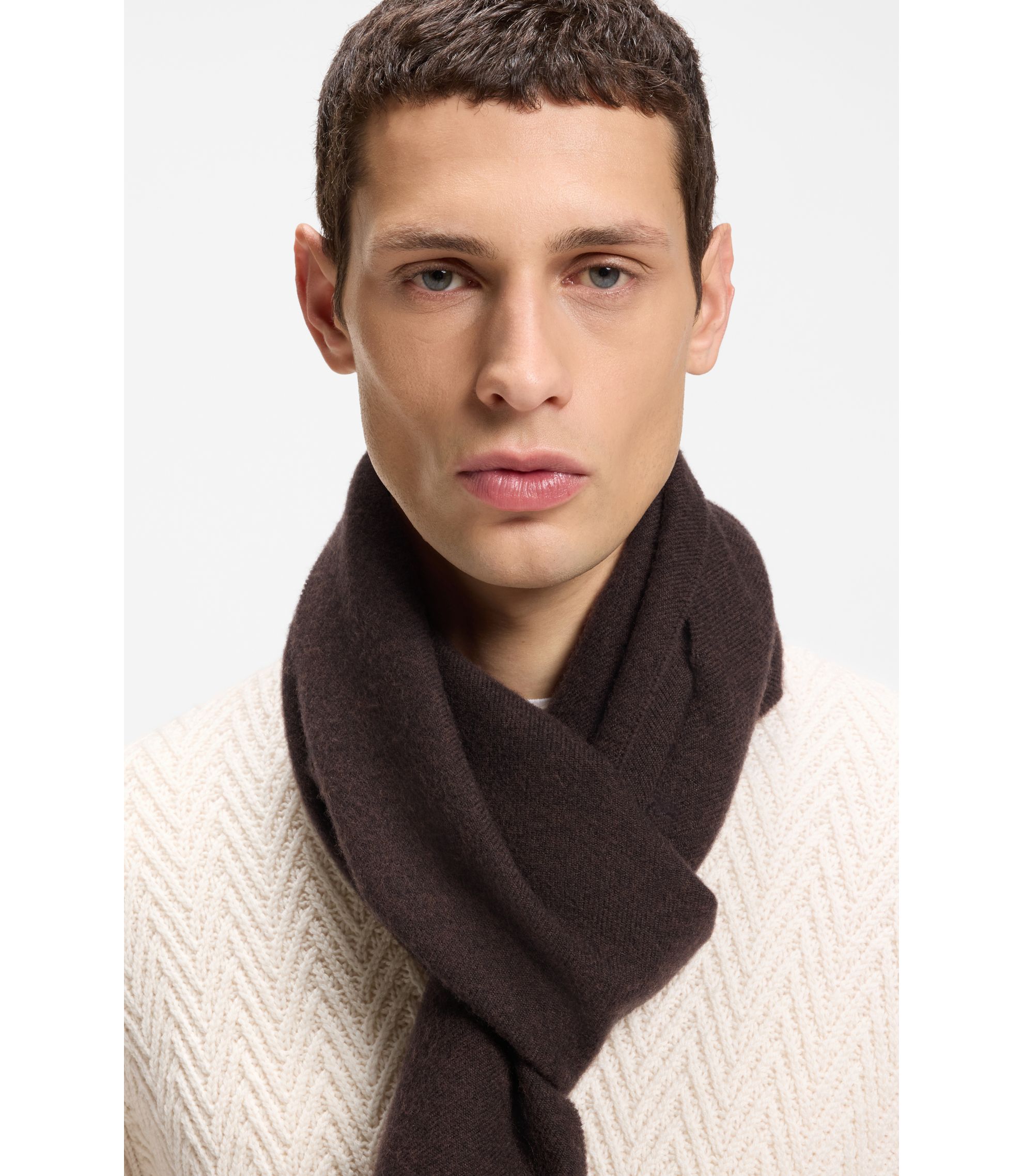 BOSS - Italian-made wool scarf with logo patch - Brown