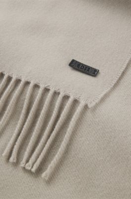 Wool scarf with faux-leather logo patch, Light Brown