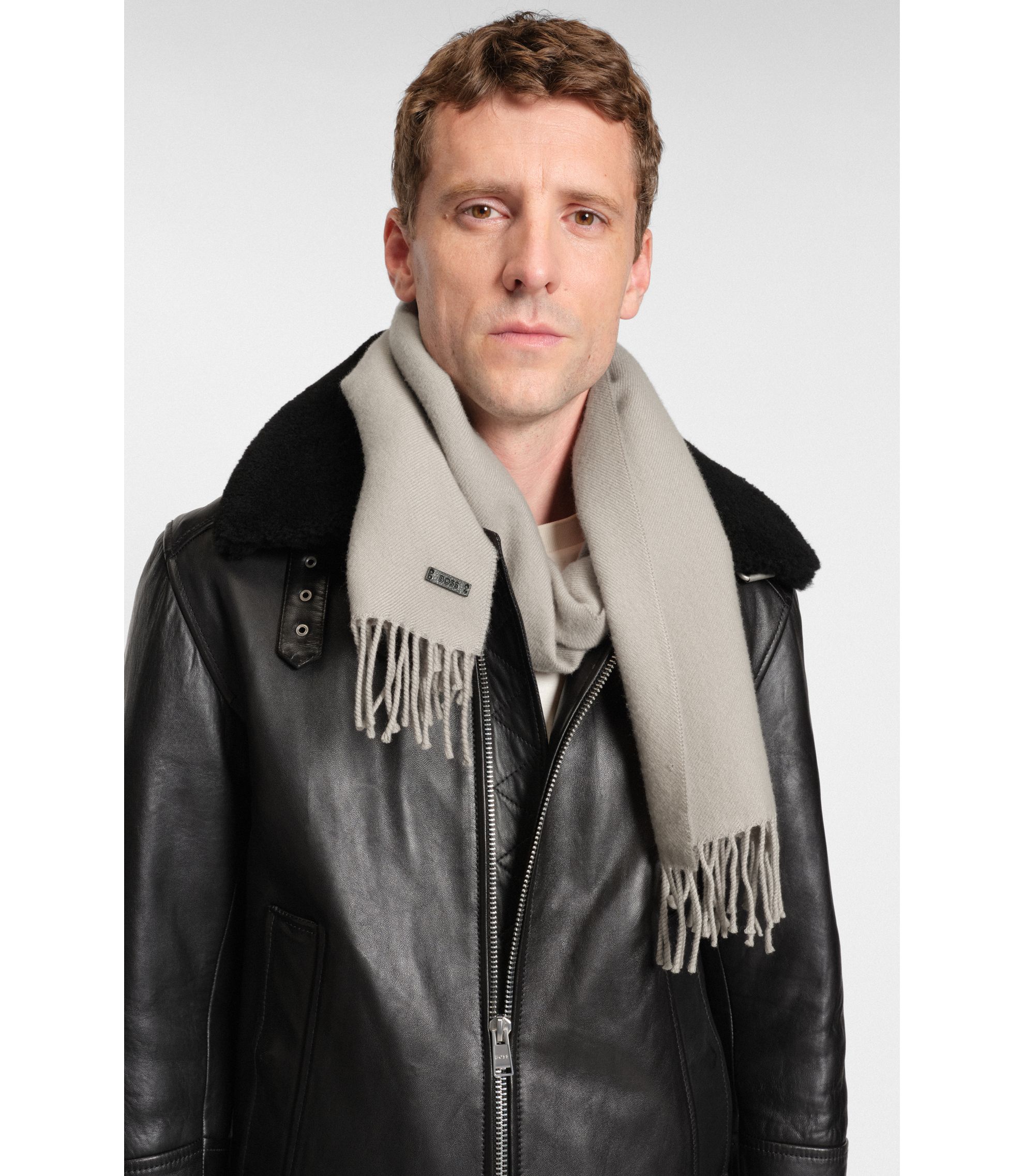 BOSS - Italian-made wool scarf with logo patch - Light Brown