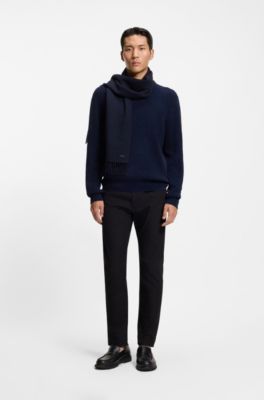 Wool scarf with faux-leather logo patch, Dark Blue