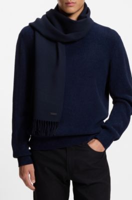 Bufanda de lana elaborada en Italia con aplique de logotipo, Azul oscuro