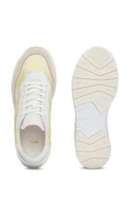 Mixed-material lace-up trainers with embroidered mesh, White