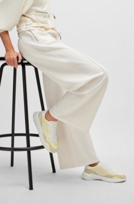 Mixed-material lace-up trainers with embroidered mesh, White